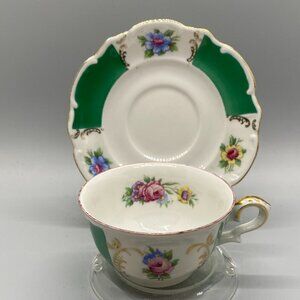 Bareuther Bavaria Hand Painted Floral Demitasse Tea Cup Saucer Set with Stand